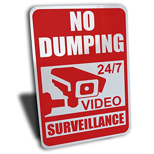 Pancarte 24/7 surveillance vidéo No Dumping 7" x 10" aluminium rouge