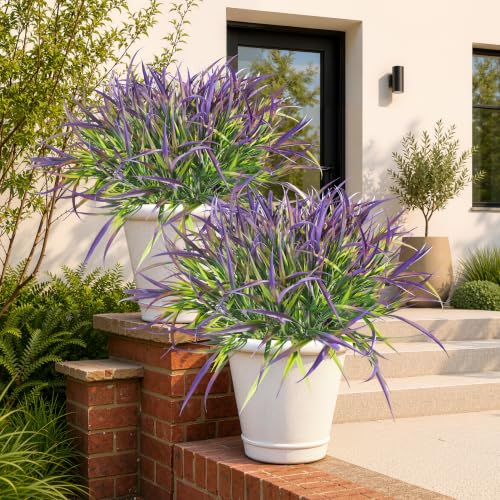 Uieke 28 Bundles Artificial Outdoor Plants UV Resistant Fake Grass Plants Faux Plastic Plants Greenery Shrubs for Home Garden Pathway Window Box Front Porch Cemetery Spring Summer Decor, Purple