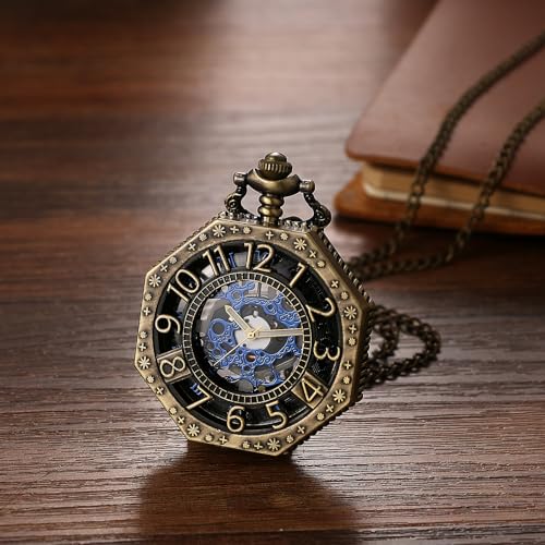 JewelryWe Men's Octagonal Pocket Watch - Quartz Analog Hollow Case Design Vintage Mechanical Style Necklace Timepiece Fob Watch with 30.7" Chain for Father's Day by JewelryWe - Used condition - Image 4