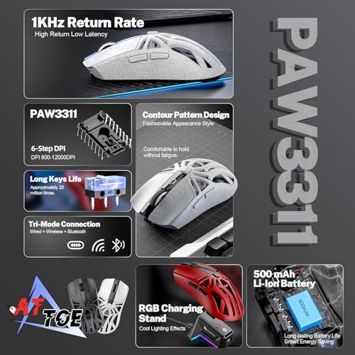 Image of RGB Magnetic Charging Dock Gaming Mouse, 12K DPI, PAW3311 Sensor, Tri-Mode Wireless, 6 Programmable Buttons, Ultra-Light 72g for PC /Mac (White)