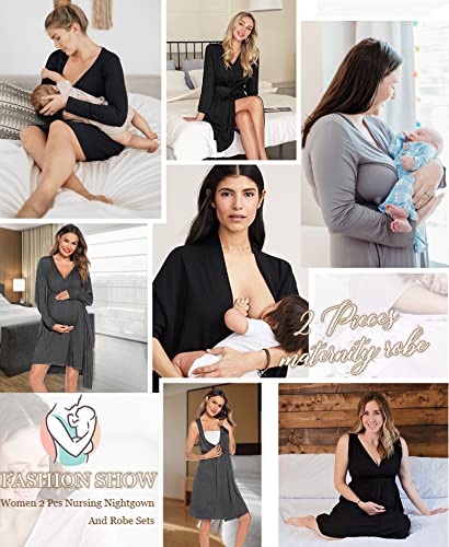 Swomog Maternity Nightgowns And Robe Set For Hospital 3 In 1 Labor Delivery Nursing Gown Two Piece Pregnant Pjs Sets Soft Birthing Robe A-Grey #TOP5