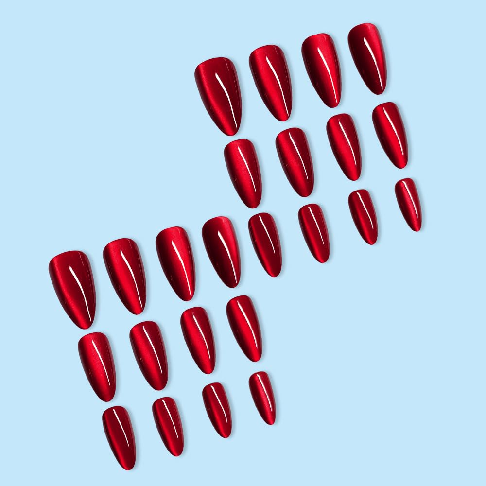 24 Pcs Cat's Eye Red Press On Nails Short Almond - MINGCHUN Spring Fake Nails Press ons Acrylic Nail Art Kit Glitter Nail Tip Full Cover Press On False Nails Glue on Nails Stick on Nail Women image 4
