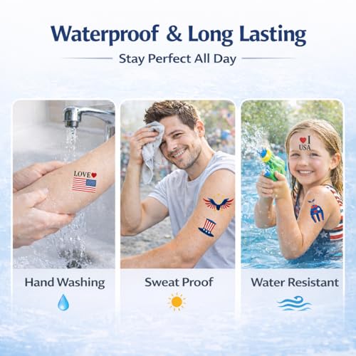 Oiomniv 4th of July Temporary Tattoos 90PCS, Waterproof Patriotic American Flag Red White Blue Tattoo Stickers for Independence Day Party Favors, Memorial Day BBQ Decorations for Kids Adults — view 5
