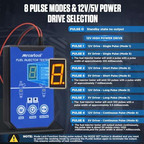 MRCARTOOL Kfz Kraftstoff-Einspritzdüsen-Prüfgerät 12V Fuel Injector Tester mit 6 Düsen für 5V 12V EFI GDI Einspritzdüsen 8 Impuls-Modi Injektor Prufgerat Injektoren Reinigungsset, Dual Power,1M Kabel