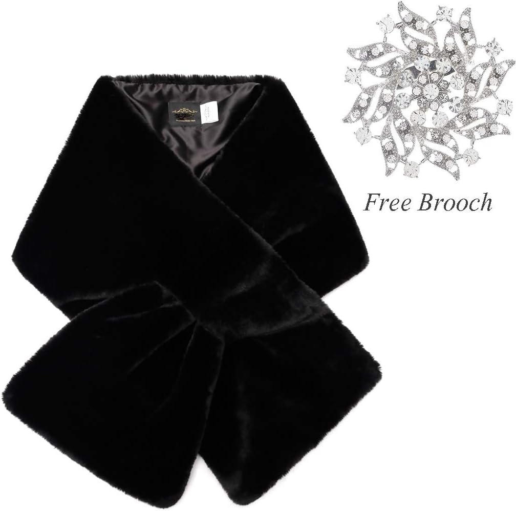 OlbyeWomen's Faux Fur Wraps Long Wedding Fur Shawl 1920s Sleeveless Bridal Fur Stole Scarf for Bride and Bridesmaid (Black with shorter fur)
