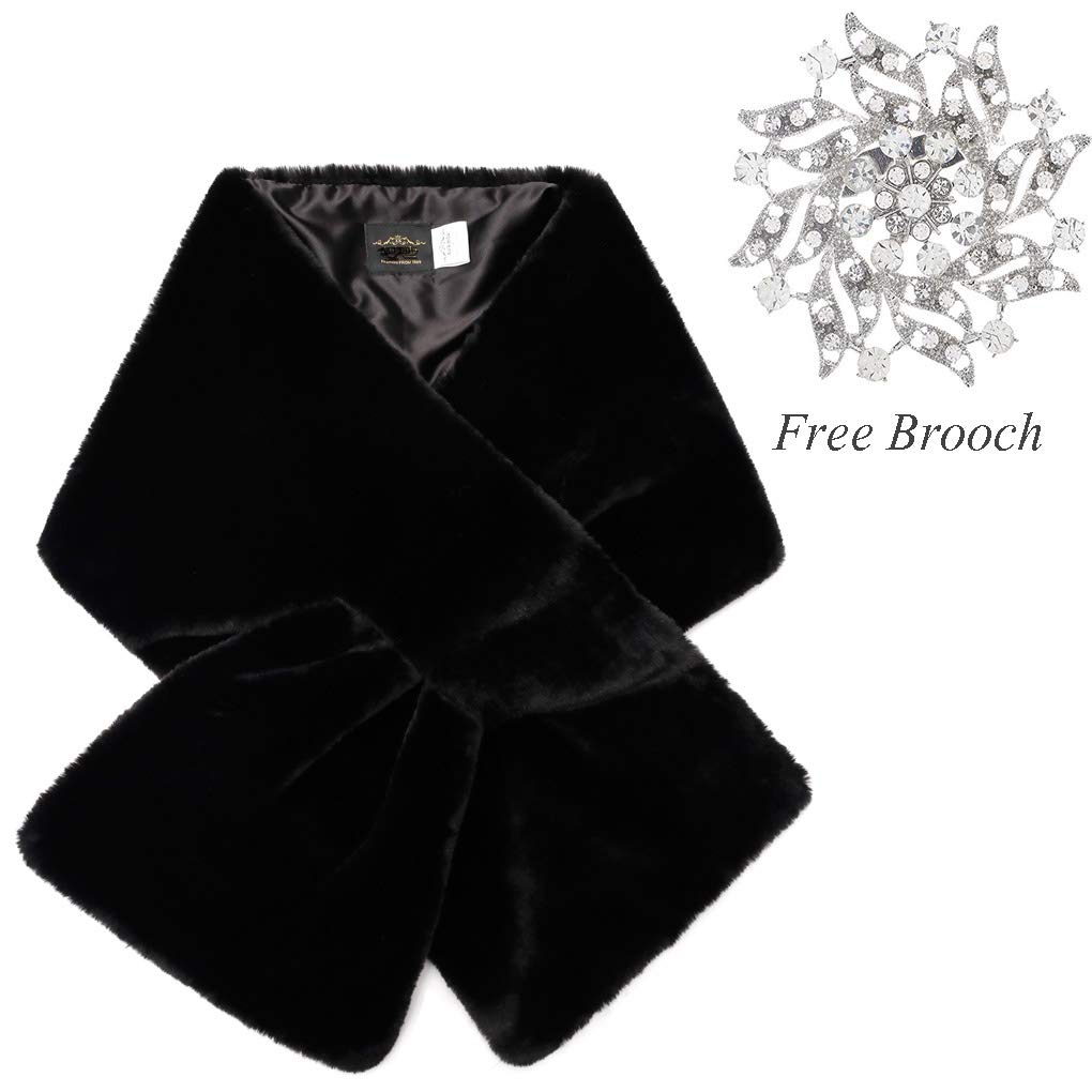 OlbyeWomen's Faux Fur Wraps Long Wedding Fur Shawl 1920s Sleeveless Bridal Fur Stole Scarf for Bride and Bridesmaid (Black with shorter fur)