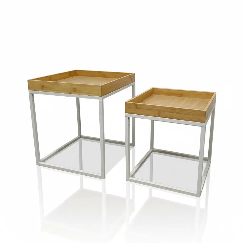 Mesas de Centro Nido XZ-22166-1 Set 2, Cuadradas Bambú y Metal, Estilo Nórdico, Color Blanco, Mesas Auxiliares para Salón, Diseño Moderno y Resistente
