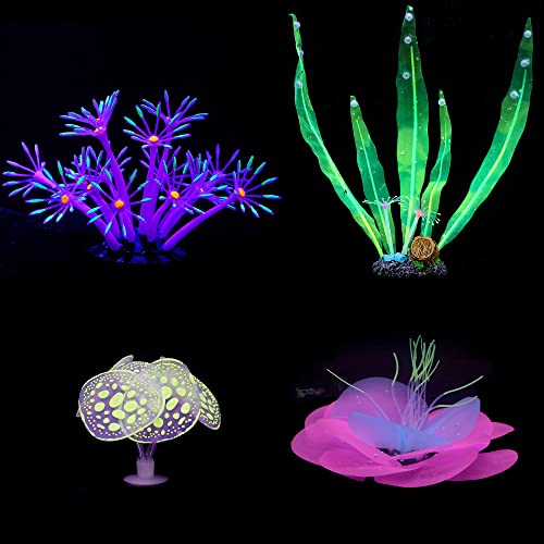 Image of Lpraer 4 Pack Glow Aquarium Decorations Coral Kelp Anemone Lotus Coral Simulation Glow Plant Glowing Effect Silicone for Fish Tank Decorations