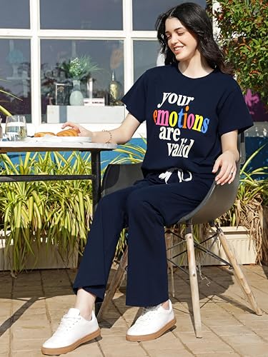 Image of ZEYO Night Suit for Women's Typography Printed Cotton Night Dress of Top and Wide Bottom Pyjama