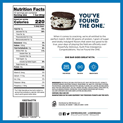One Protein Bars, Cookies & Creme, Gluten Free Protein Bars With 20G Protein And Only 1G Sugar, Guilt-Free Snacking For High Protein Diets, 2.12 Oz (12 Count) #TOP4