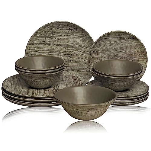 Tp Dinnerware Set, Dinner Service For 6 With Bowls And Salad Dinner Plates,18-Piece Melamine Dishes Set (Wood Grain) #TOP6
