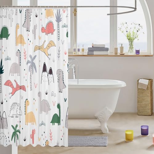 Image of Baby Dinosaur Bathroom Shower Curtain Set Kids Cartoon Dinosaurs Shower Curtain Nursery Dino Bath Curtain for Child Boys Girls Jungle Animals Waterproof Shower Curtain with Hooks Room Decor 72x84 Inch