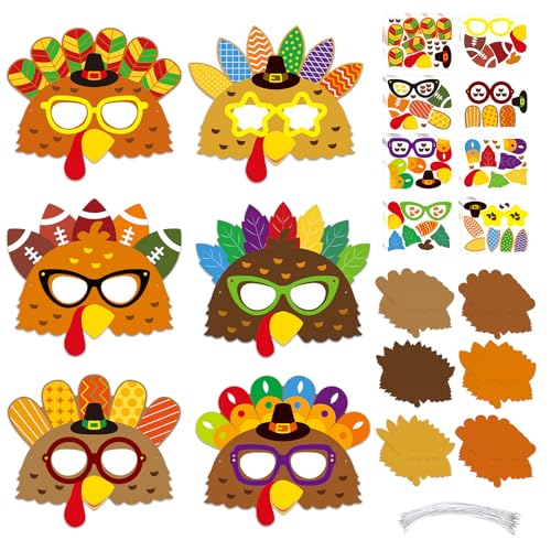 Sereliy 24 Sets Thanksgiving Masks Craft Kits, Paper Turkey DIY Party Mask Art Sets for Fall Thanksgiving Party Activities. (Turkey)