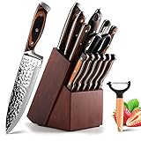 Knife Set, 16-Piece Kitchen Knife Set With Wooden Block | WOWHY High Carbon Japan Stainless Steel, Wooden Ergonomic Handle, Damascus Blade for Chef Knife Set, Knife Sharpener and Kitchen Shears