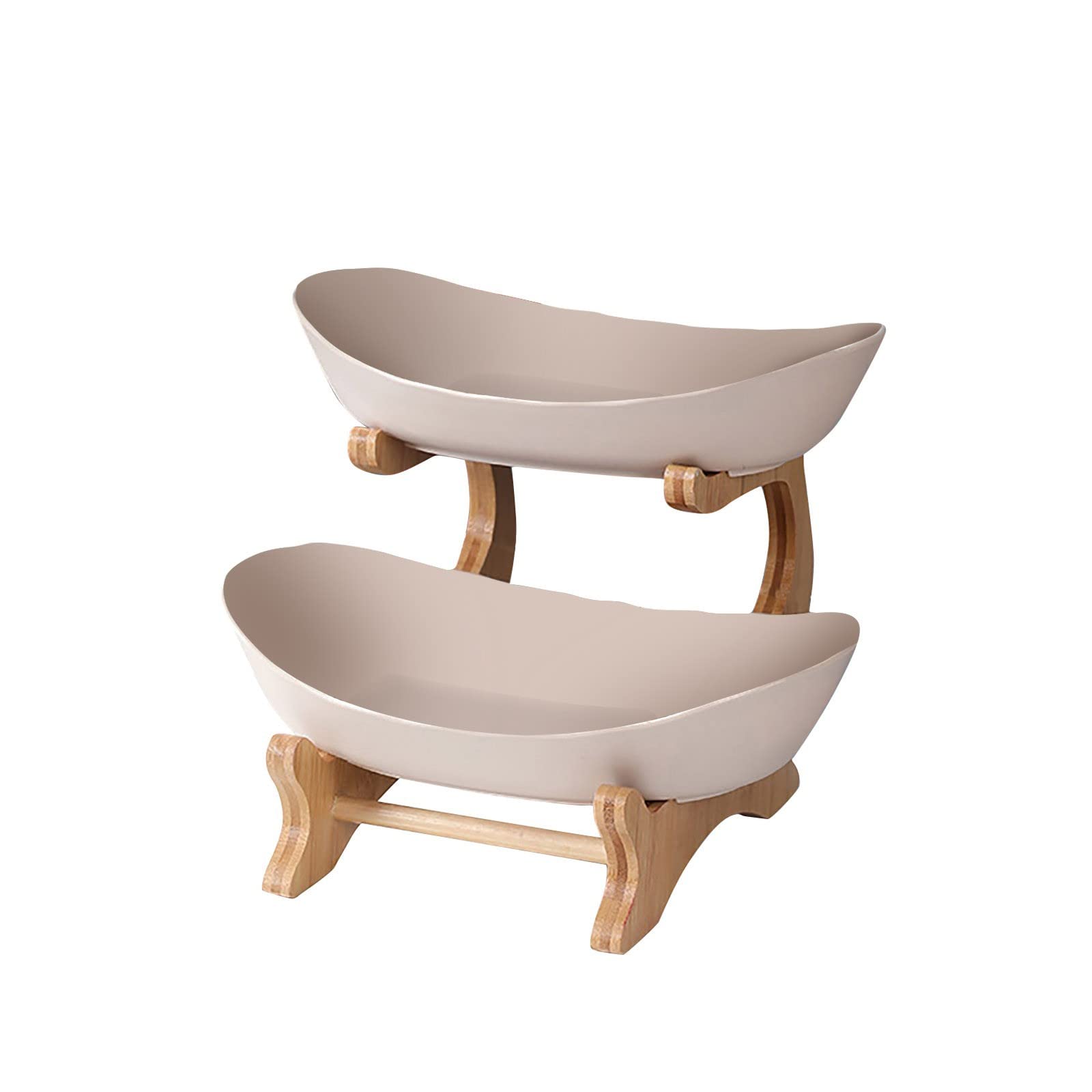 Corbeille à Fruits, 2 étages Ovale Avec Cadre En Bambou Naturel, Support De Service à étages, Deux Bols à Fruits En Céramique, Assiette à Fruits Séchés