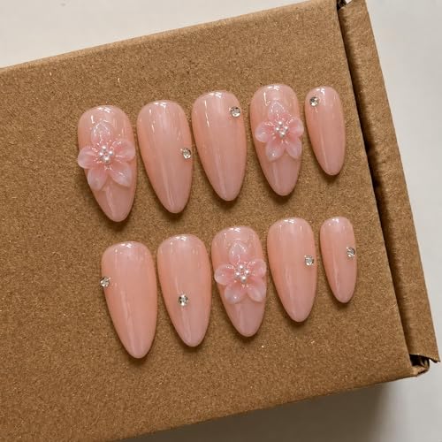 Luxury Press on Nails Medium Almond Handmade 3D Unique Reusable ABS Material Fake Nails French Tip False Nails with Flower Rhinestones Gradient Designs Glossy Stick on Nail Thick Acrylic Nail(S)