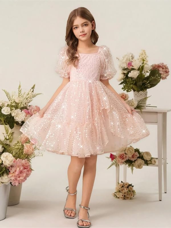Image of Niren Enterprise Peach Printed Knee Length Short Sleeves Square Neck Stylish Girls Party Dress