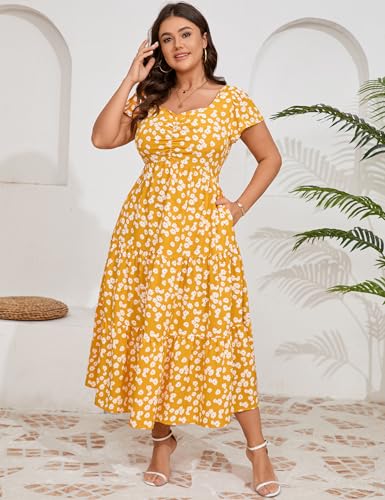 Image of KOJOOIN Women Plus Size Summer Dress Short Sleeve Casual Dress Floral Midi Dress Sweetheart Neck Ruffle Dress