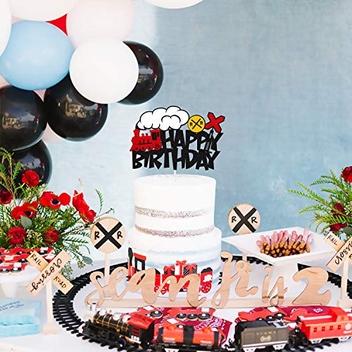 Train Cake Topper Happy Birthday Sign Cake Decorations For Railroad Crossing Steam Train Traffic Transportations Themed Kids Boy Girl Birthday Party Supplies Glitter Black Double Sided Decor #TOP4