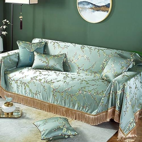 Daesar Couch Cover Ice Silk, Sofa Covers 3 Seater Flowers Branches Pattern with Tassels Versatile Blanket Soft Throw for Bed and Couch 190x300CM, Light Green