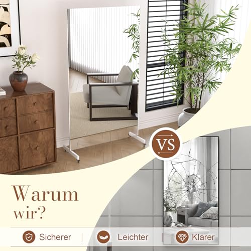 BRIVUE Splitterfreier Ganzkörperspiegel mit Rollen，180x80cm Rechteckiger Leicht superklarer Beweglicher Drehbar Standspiegel für Fitness Yoga Schlafzimmer Wohnzimmer Geschäft(180×80cm Weiß)