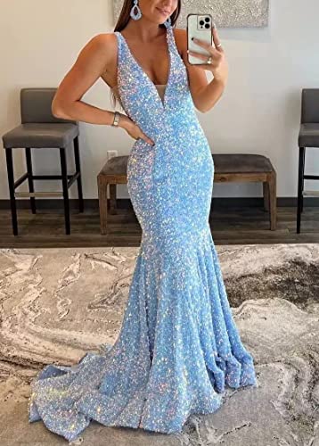 Qqcute Sparkly Sequin V Neck Prom Dresses Mermaid Long Formal Dresses Sleeves Sexy Evening Party Gowns For Women(Silver,6) #TOP1