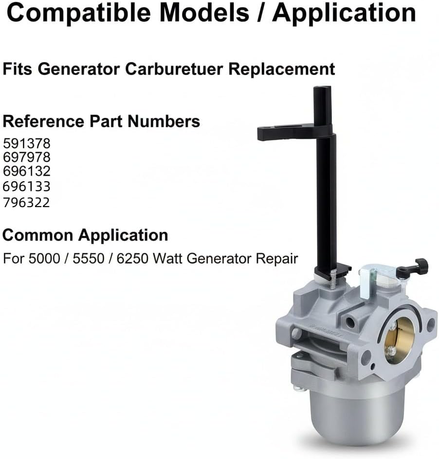 Carburetor, for Generator, Compatible with Troy Bilt 591378, 5550, 5000, 6250, Replaces 591378, 5550, 5000, with Tune Up Kit