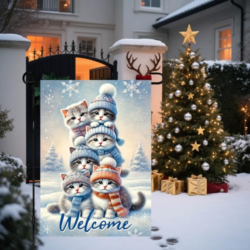 Image of BlissYard Garden Flag Kitten Snowy Landscape Winter 12x18 Inch Polyester