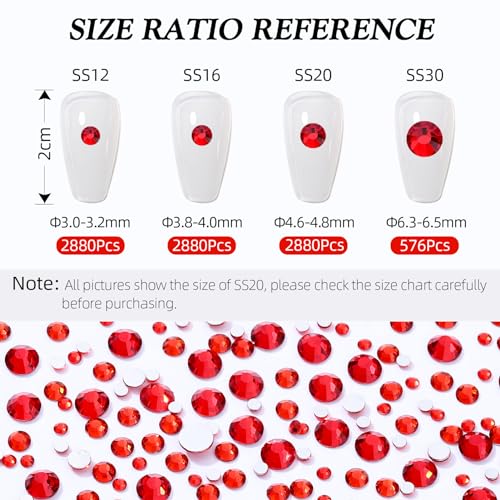 Image of Red Flatback Rhinestones, Glass Rhinestones for Nail Art and Craft, Glue Fix, Loose Crystal Gemstones(Red, SS20, 2880pcs, 4.6-4.8mm)