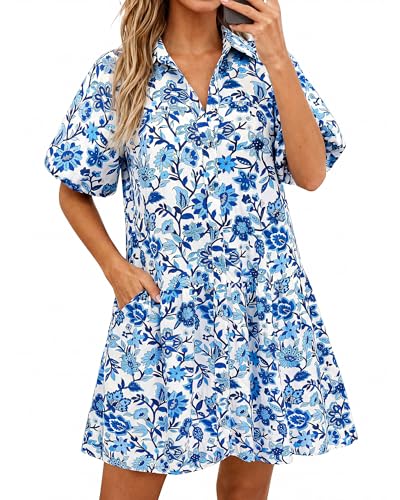 PRETTYGARDEN Womens Summer Dresses 2026 Casual Puff Sleeve Button Down Mini Shirt Dress Boho Floral Babydoll Sun Dress(White Blue Flower,XX-Large)