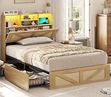 VIAGDO Rattan Bed Frame Twin Size with Bookcase Storage Headboard, Charging Station and LED Lights, Wooden Twin Bed Frames with 4 Drawers, Barn Door Design, No Box Spring Needed, No Noise, Natural