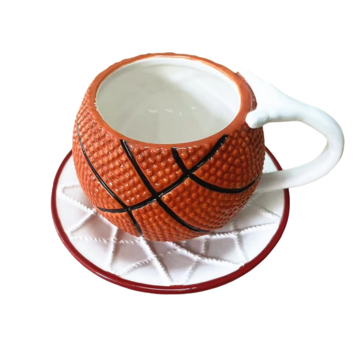 FORLONG Ceramic Large Coffee Mug and Saucer set, 3D Handmade and Hand-painted Basketball and Basketball Net Design Tea Mug, 300ml(10oz)