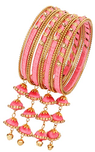 Image of NMII Metal & Silk Thread Jhumka Zircon Latkan Stylish Bangles Set For Women's and Girls | Women's Fancy Latkan Bangles Set | Ethnic Fashion Jewellery- Set of 12 Bangle, (G405 Watermelon-2.8(2.8))