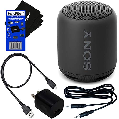 HeroFiber Sony Wireless Portable Bluetooth Speaker (XB10) with Extra Bass & Water-Resistance Design (Black) + USB Charging Cable + Wall Adapter + Aux Cable Ultra Gentle Cleaning Cloth