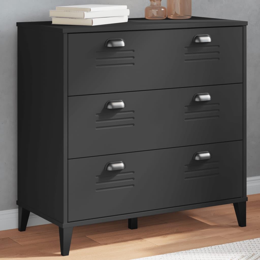 Industrial Black Drawer Cabinet with Three Smooth Drawers Engineered Wood Storage Furniture for Office Bedroom Living Room