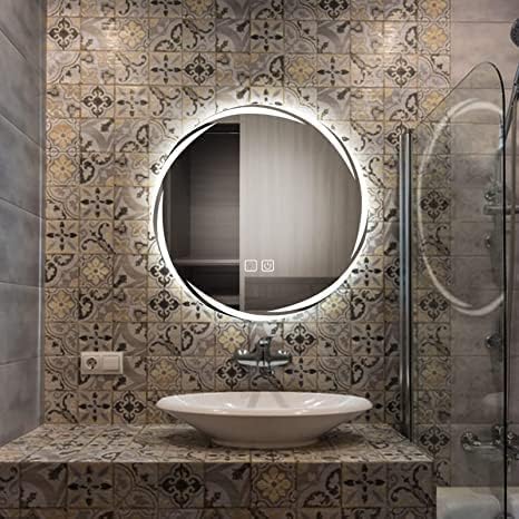 Image of ALFA Design 24x24 Inch Round Wave Design LED Mirror | Wall Mounted with Touch Sensor, 3 Light Modes Natural, Warm & Cold White | Wall Decor for Living Room, Entryway, Washroom