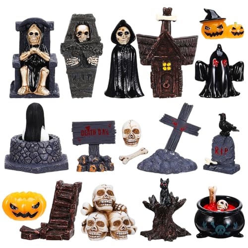 TOYANDONA Halloween Miniature Figurines Set 21 Pieces Pumpkin Ghost Skeleton Tombstones Small Decorations for Halloween Party Crafts and Home Display