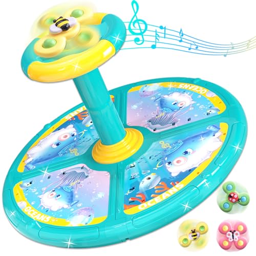 Ocean Sit and Spin Toys for Toddlers 1-3, 360° Rotation Sit n Spin, LED Light & Enlightenment Music, Ideal Birthday for Boy/Girl with 3PCS Suction Cup Spinner Toys (Blue)