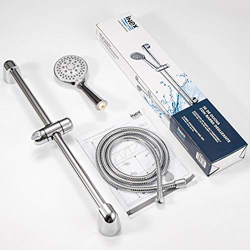 Set de Ducha con barra deslizante de de acero inoxidable Alcachofa de 5 funciones y flexible de 175 cm de acero inoxidable Alta Presión Ahorro de Agua, INEX Europa, A98089BPLUS