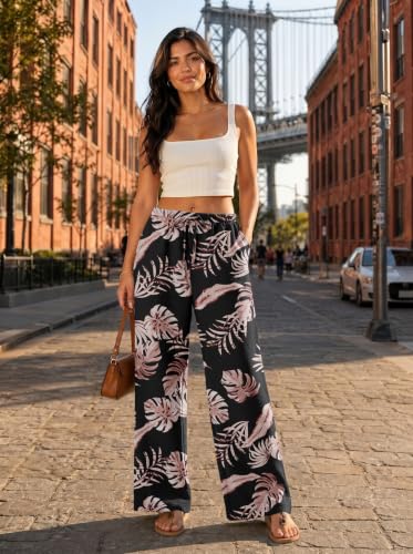 Lepunuo Womens Palazzo Pants Palm Leaf Flowy Summer High Waisted Travel Lounge Pants with Pockets Lightweight — view 2