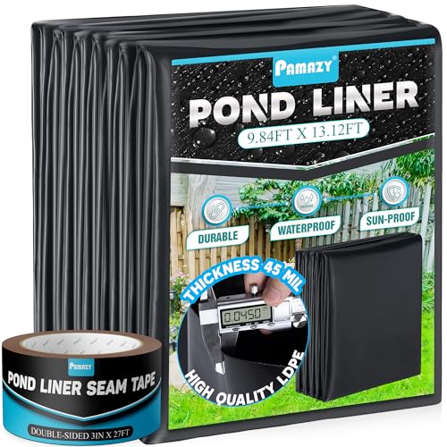 PAMAZY [Premium] 45 Mil LDPE Pond Liner with Seam Tape Pond Lining for Fish Pond Performed Garden Ponds Large Pond Liner for Fishpond Koi Pond Waterfall Streams (9.8 x 13.1FT)