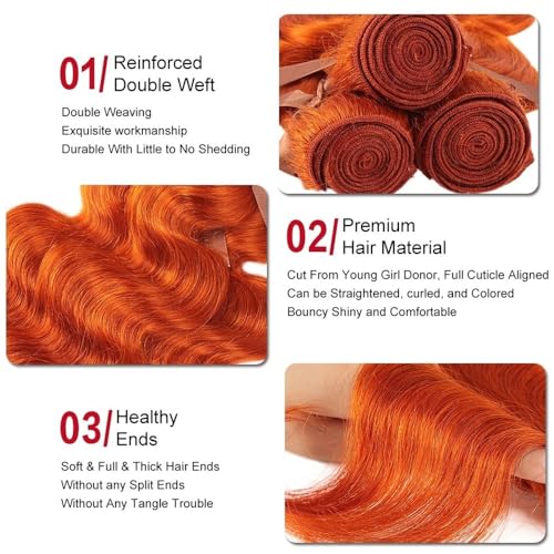 Gruby 3 zestawy Body Wave o długości 10–26 cali z zamknięciem Pomarańczowe brazylijskie włosy ludzkie dla Daily(22 24 26 with 18)