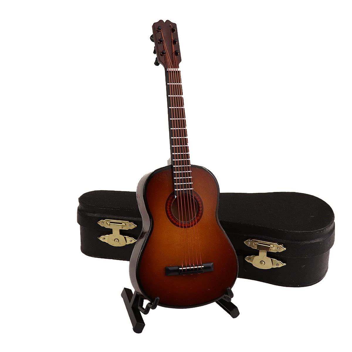 Mini Guitarra De Madera Con Soporte Y Caja | Modelo Decorativo Artesanal De 10 Cm De Altura