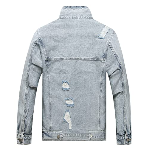 Longbida Men's Jean Jacket Ripped Distressed Denim Trucker Coat With Holes, Light Blue, M #TOP1