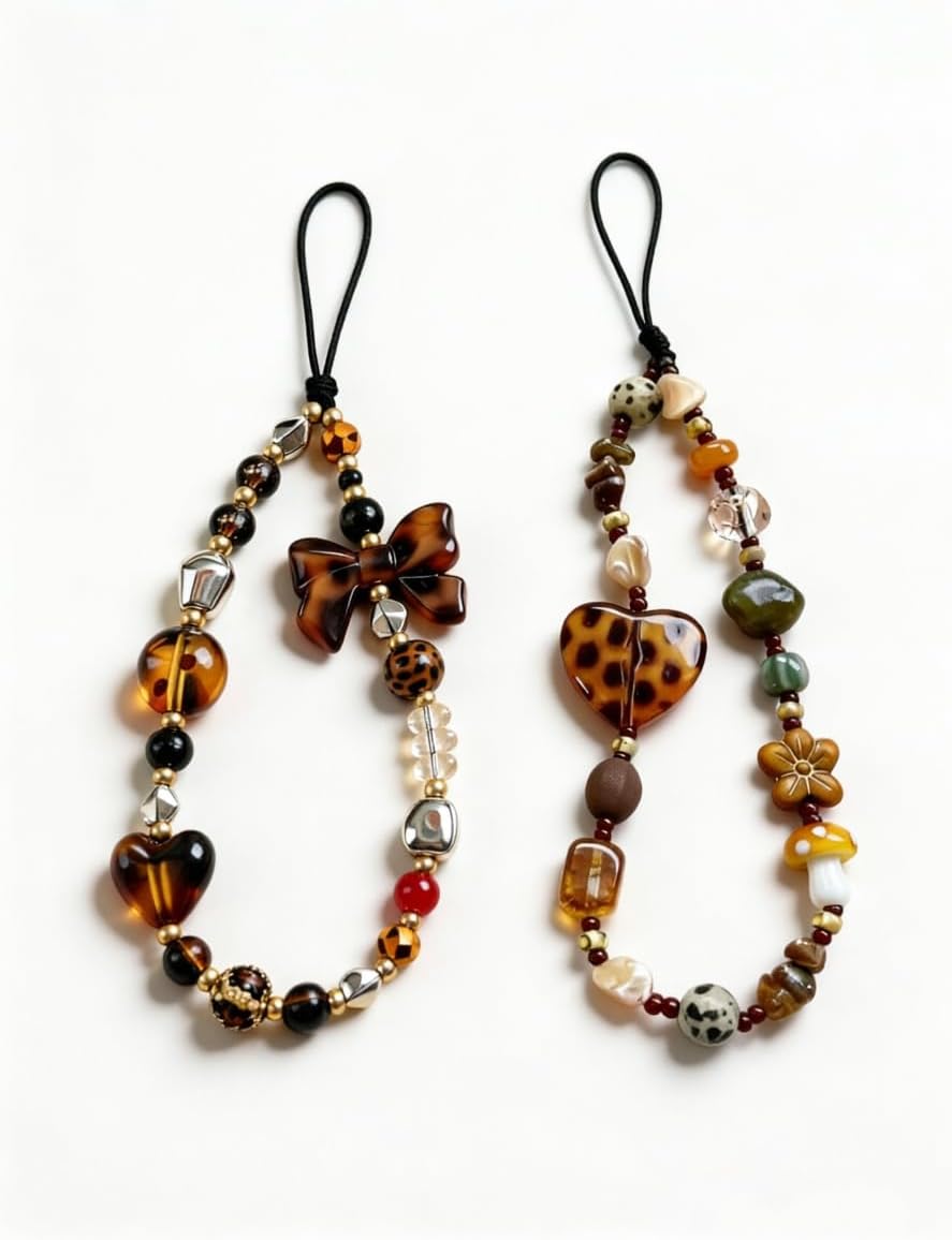 2 Pcs Phone Charm Strap Hand Wrist Strap Camera Lanyard Pearl Beaded Cute Chain String Accessories Universal for iPhone 17 Pro Max 16 15 14 for Samsung Women Girls Keychain Brown Leopard Bow and Heart