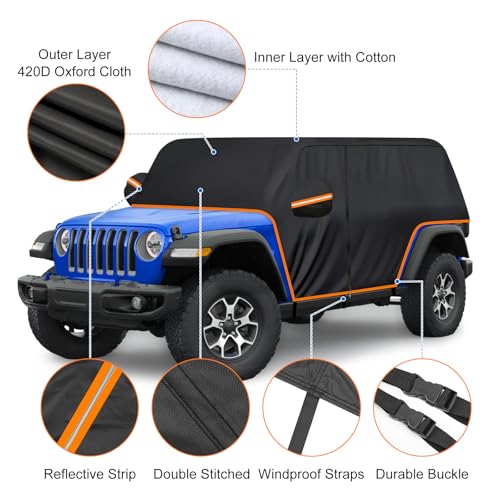 Image of Cab Car Cover for Jeep Wrangler JK JL 4 Doors 2007-2025 Without Hardtop, 420D Half Car Covers Waterproof All Weather Sun Rain UV Dust Protection Wrangler Cab Rain Cover with Zipper Door