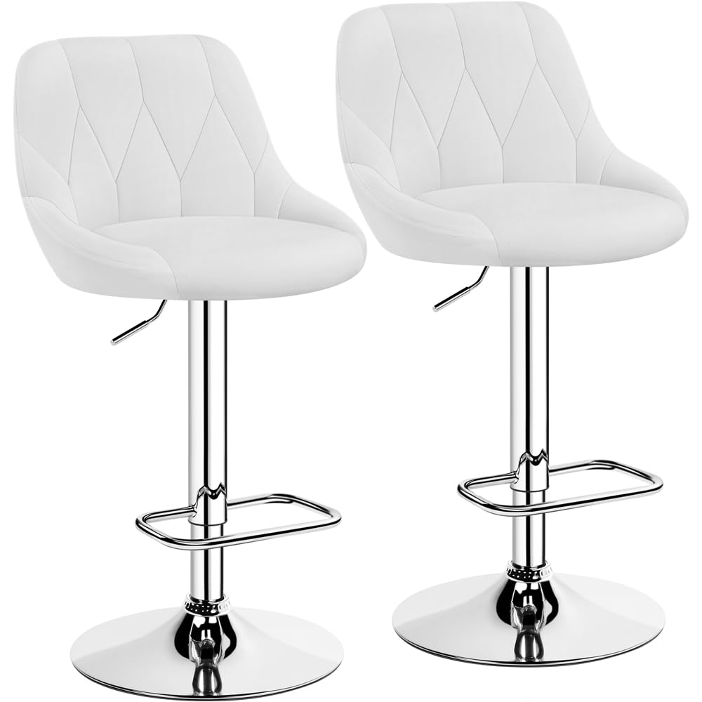 Yaheetech Set of 2 Adjustable Height Bar Stools 86-107.5cm Bar Chairs Swivel Seat Footrest Square Metal Frame White