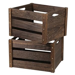 Wooden Crates 2 Pack, Rustic Handmade Wood Crate with Handles, Durable Large Wooden Crates for Display & Decor, Brown