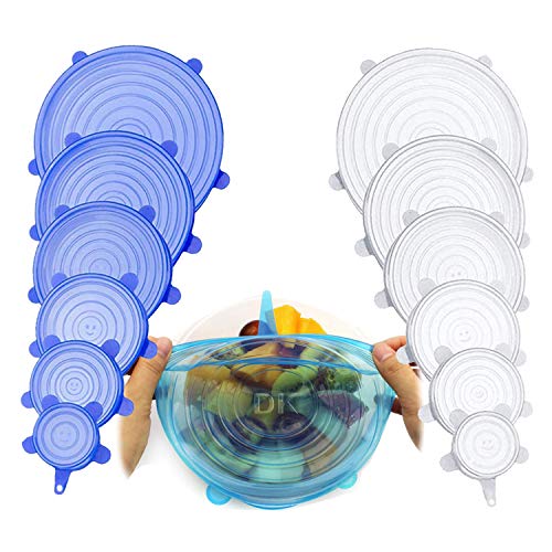 Silicone Stretch Lids, Durable & Eco-Friendly Elastic Lids [12 Pack] Reusable Heat Resistant Various Sizes Cover for Bowl (Blue&white)