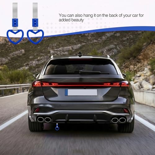 Image of 2PCS Heart Shaped Car Handle Straps, Rear Bumper Warning Keychain Ring for Car Exterior Accessories (Blue-Silver)
